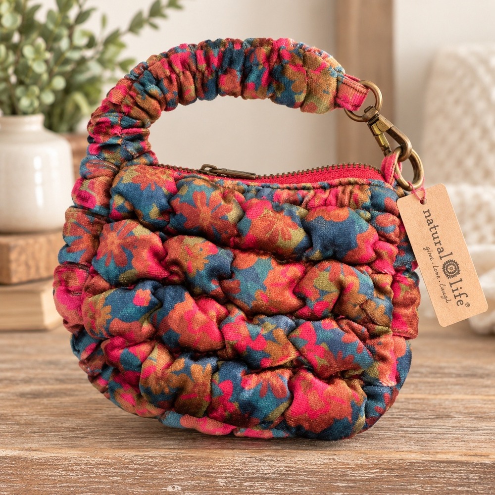 Natural Life Floral Puffy Velvet Mini Handbag Bag NWT Boho Quilted Cottagecore